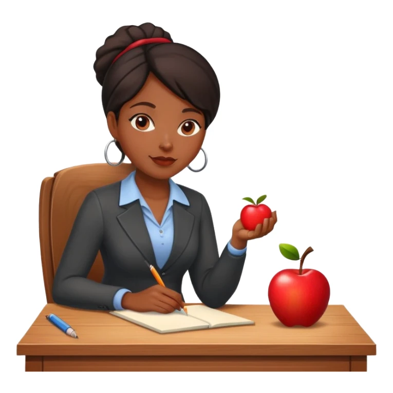 Black female teacher sitting at desk with one apple sticker