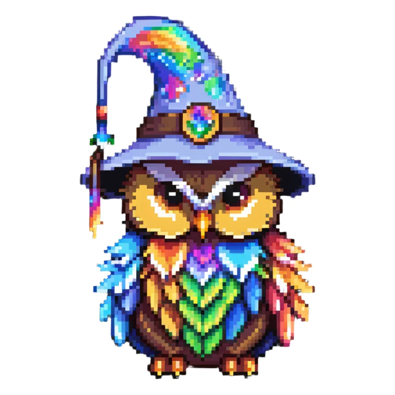 Cute owl with rainbow feathers and a wizard hat sticker