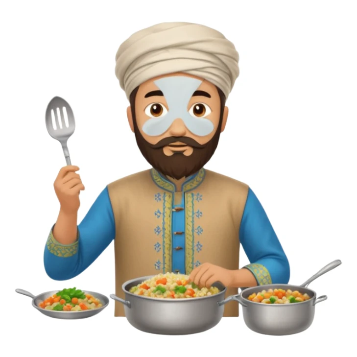 uzbek bearded man with national outfit cooking pilaf sticker