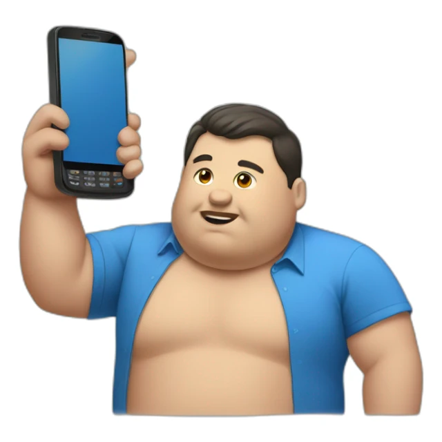 fat man in a blue shirt holding a phone sticker