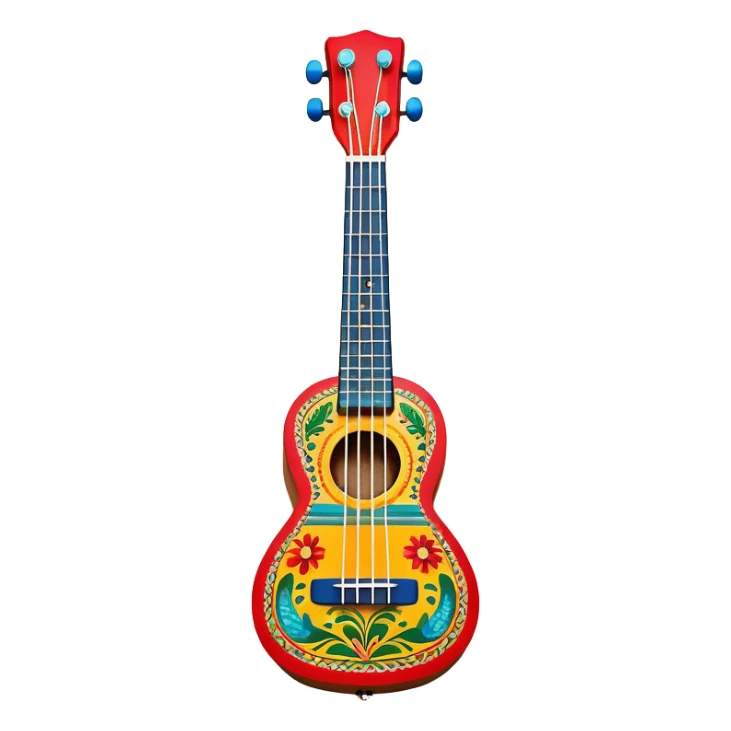 Create a vibrant and artistic emoji representing a ukulele with a Mexican design. The ukulele should feature a bright, colorful body with traditional Mexican patterns, such as geometric shapes, floral motifs, or colorful stripes. Use rich, warm tones like red, yellow, green, and blue to give the instrument a lively, festive look. Highlight the wood grain of the ukulele’s neck and fingerboard, and add subtle details like decorative inlays or a small Mexican flag symbol on the body. The strings should be clearly visible, and the instrument should be in a slightly angled position to showcase its unique design. The background should be transparent. sticker