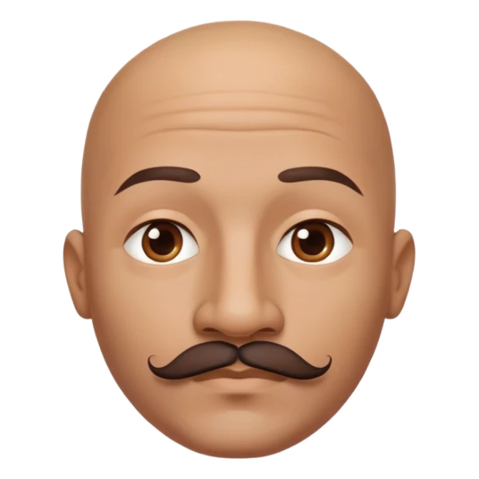 Bald man with oval smooth head, indigenous facial features, 37 years old, with only a mustache and contour from chin to lips, memoji style sticker