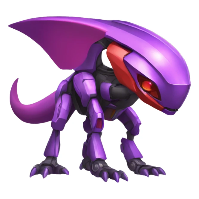 a purple-red Genesect-Raptor-Fakémon—hybrid with a futuristic visor-helmet full body sticker