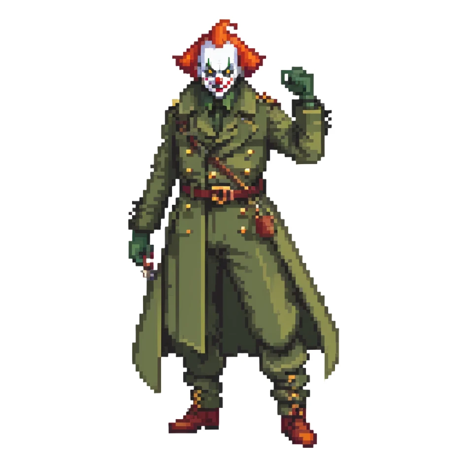 evil clown soldier, bald, small black horns on forehead, fangs, pointed ears, eye patch over one eye, long coat over black and military green clothes with bellbottom pants, tail, holding a whip, no knife, realistically proportioned, less bulky, full body, fighting stance sticker