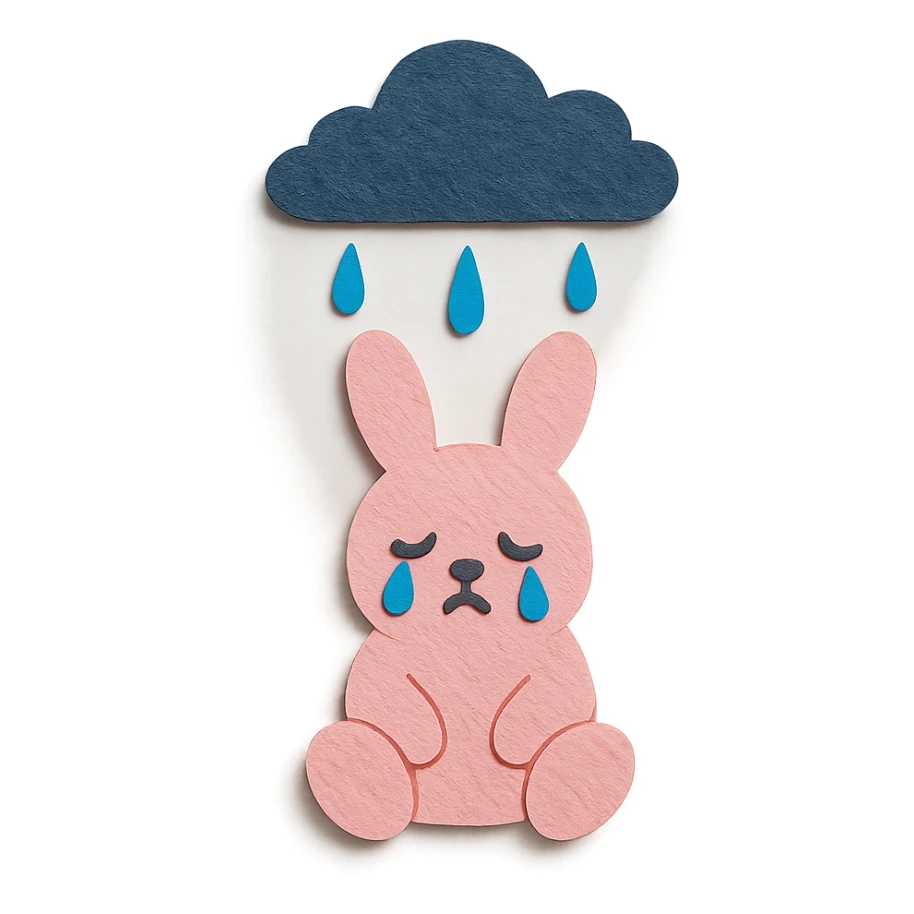 marshmallow bunny sitting with tears under a raincloud, paper-craft style sticker