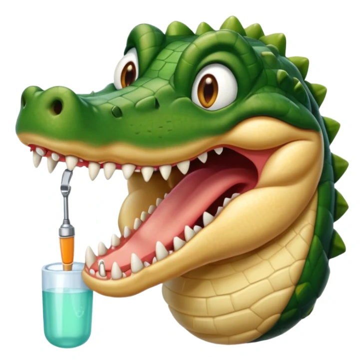 an alligator opening its mouth with a dentist sticker