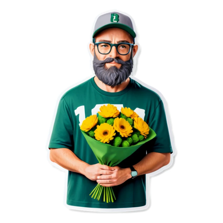 A bold man with a grey baseball cap, green eyes, big beard and glasses, holding a bouquet  sticker