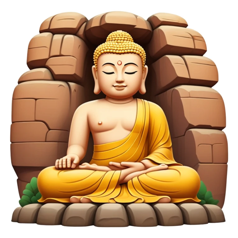 Leshan Giant Buddha massive stone statue, simplified emoji style with bold outlines and bright colors, cartoon style sitting Buddha carved in cliff sticker