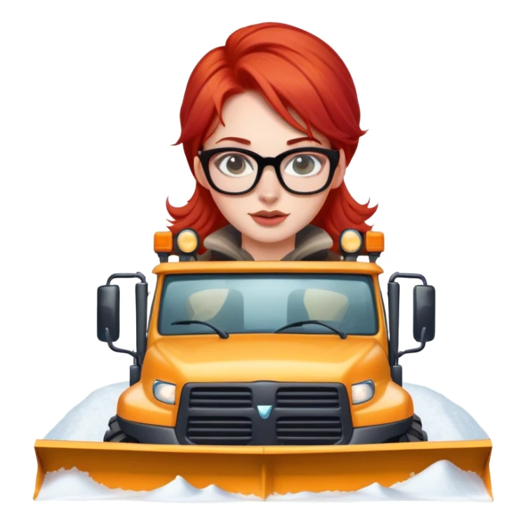 lady with red hair and glasses driving a big Snowplow sticker