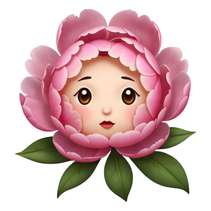 pink peony flower with a round body, blushing cheeks, nervous expression sticker