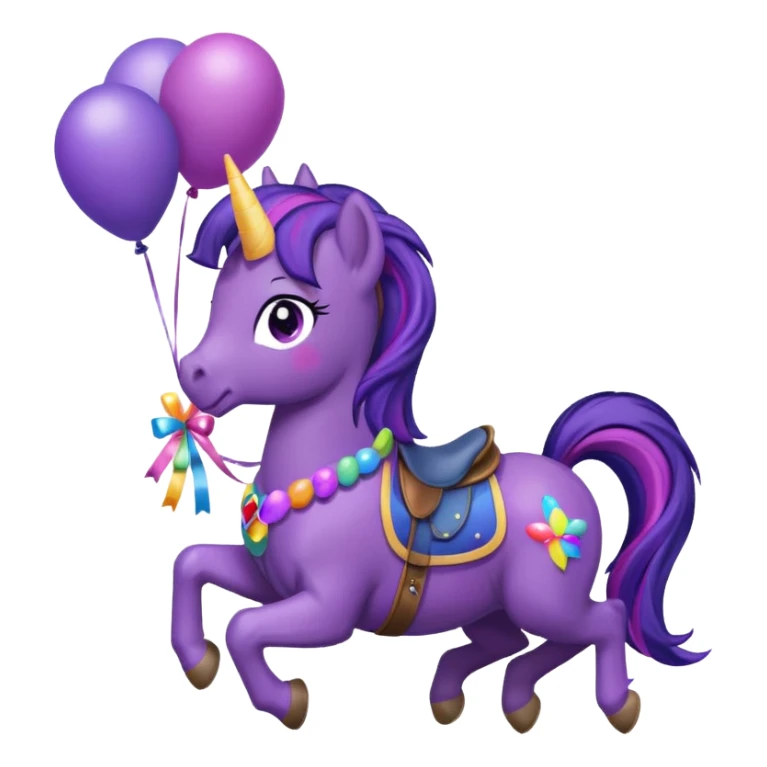 twillight sparkle mlp holding colorful balloons tied to its saddle, looking cheerful. sticker