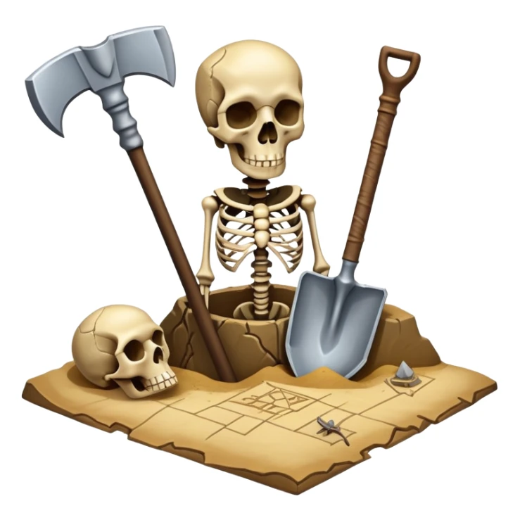 An icon featuring a shovel, pickaxe, and ancient artifacts, symbolizing archaeology. The design includes a partially unearthed skeleton and a treasure map, representing the discovery of past civilizations. Transparent background emphasizes the adventure of uncovering history. sticker