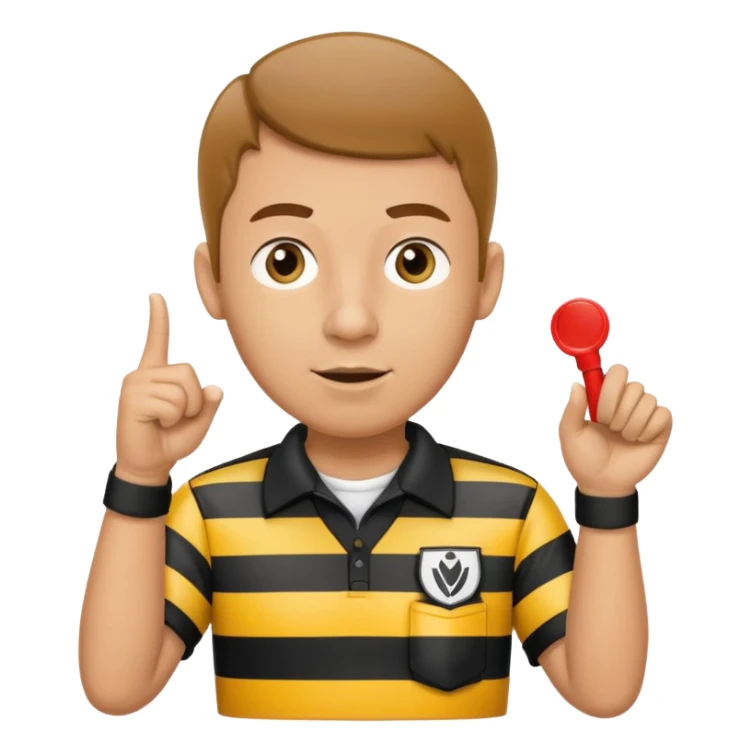 A calm referee with striped shirt, pointing clearly toward the field wearing whistle  sticker