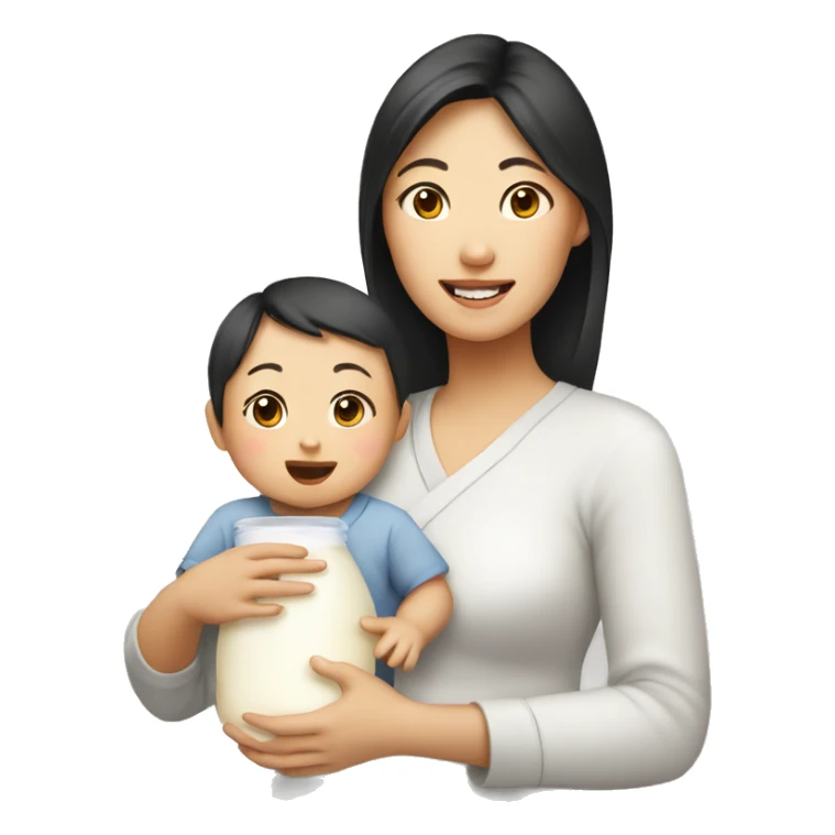 An Asian woman gives her baby milk sticker