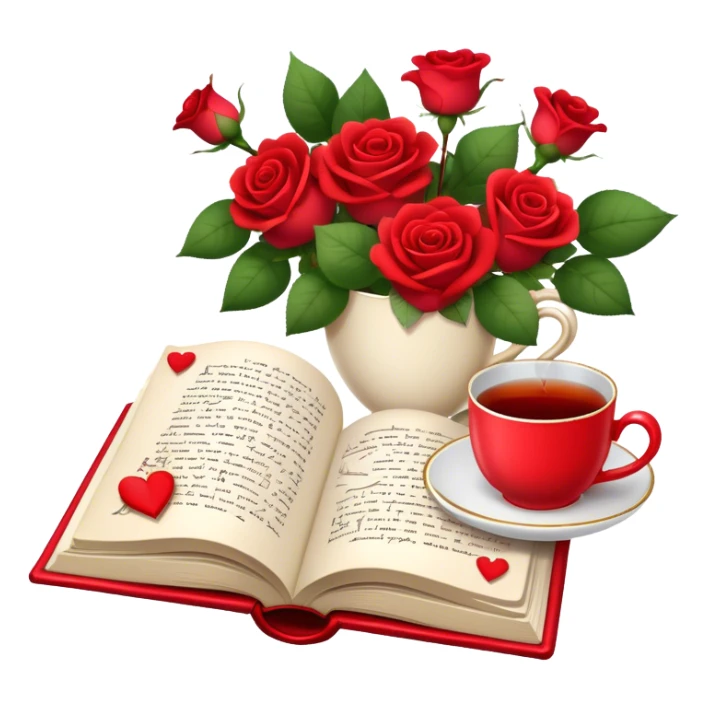 Icon for Romance Reading: an open book with a heart-shaped bookmark, surrounded by roses, a love letter, and a cup of tea, with small hearts and Cupid with bow and arrows flying out of the pages. Transparent background. sticker