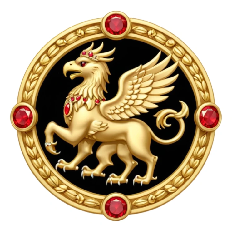 Golden griffin crest / brosch in a circle with red gems and no background sticker