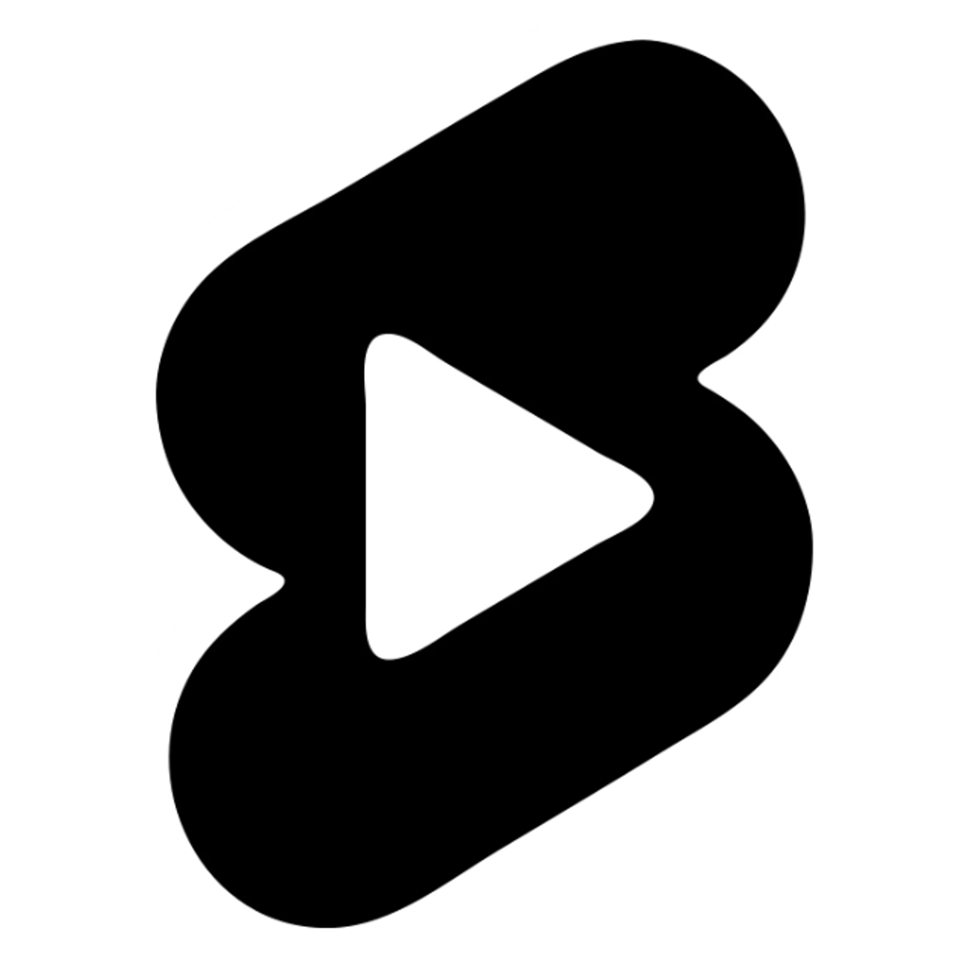 Modern minimalist logo inspired by YouTube Shorts but clearly distinct. Abstract red and white shapes on a white background. No text. Design a dynamic, playful symbol using rounded geometric forms, slightly resembling a play button or a film strip, but reimagined with a unique twist. Must look tech-oriented, simple, and brandable sticker