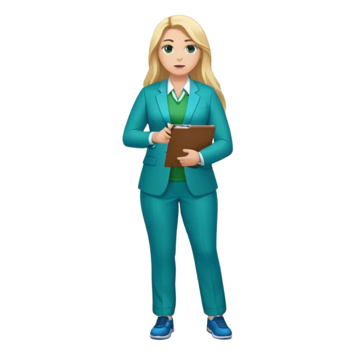 Full Body white plus size female basketball head coach using a clipboard with long blonde hair in a blue and green suit sticker