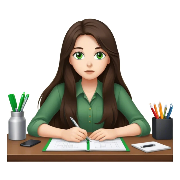 long haired brunette girl with green eyes working at a desk with wall clock displaying 6pm sticker