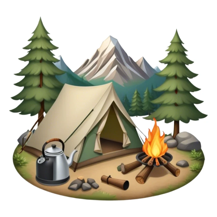 Icon for Hiking: a tent, and a kettle over a campfire, surrounded by trees and a mountain trail, a backpack, a walking stick. The icon should capture the adventure and warmth of camping. Transparent background. sticker
