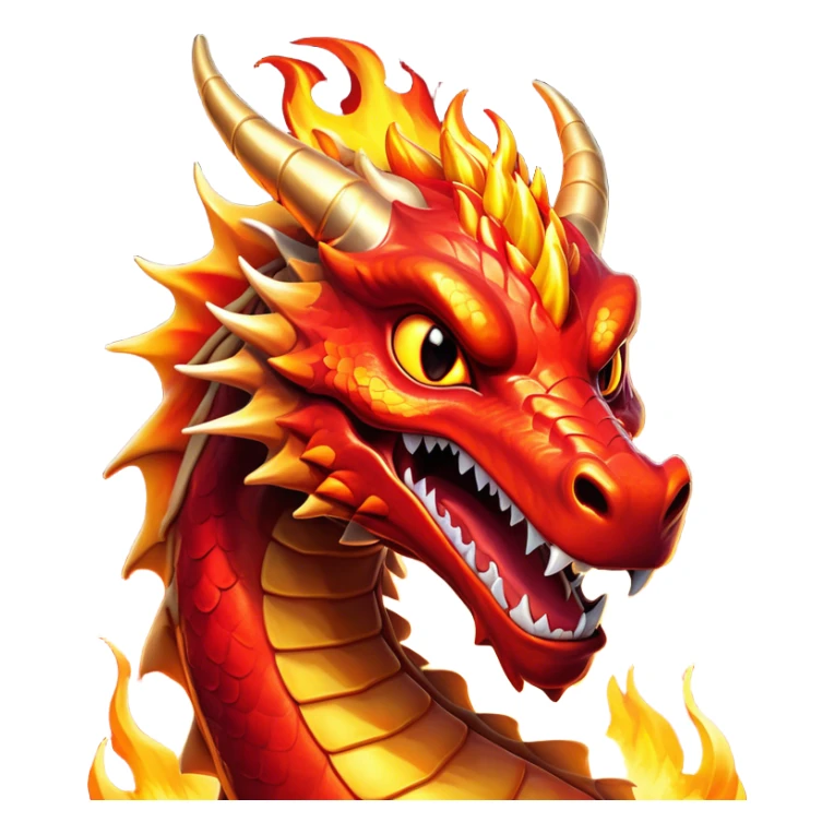 Cinematic Comical Fierce Fire Dragon Portrait Emoji, Head tilted dramatically with an exaggeratedly amused expression, featuring a striking, flame-draped body with bold, blazing scales in intense red and molten gold, and eyes twinkling with fiery mischief; rendered with vivid, lifelike textures and dynamic, flickering shadows, high shine, dramatic yet playful, styled with an air of cheeky volcanic mischief, soft glowing outline, capturing the essence of a spirited and over‐the‐top inferno that looks ready to burst into a cascade of playful embers! sticker