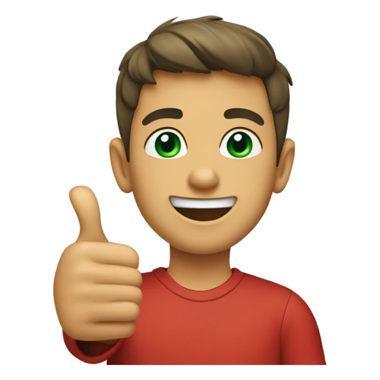 smiling boy in red shirt with thumbs up and green eyes sticker