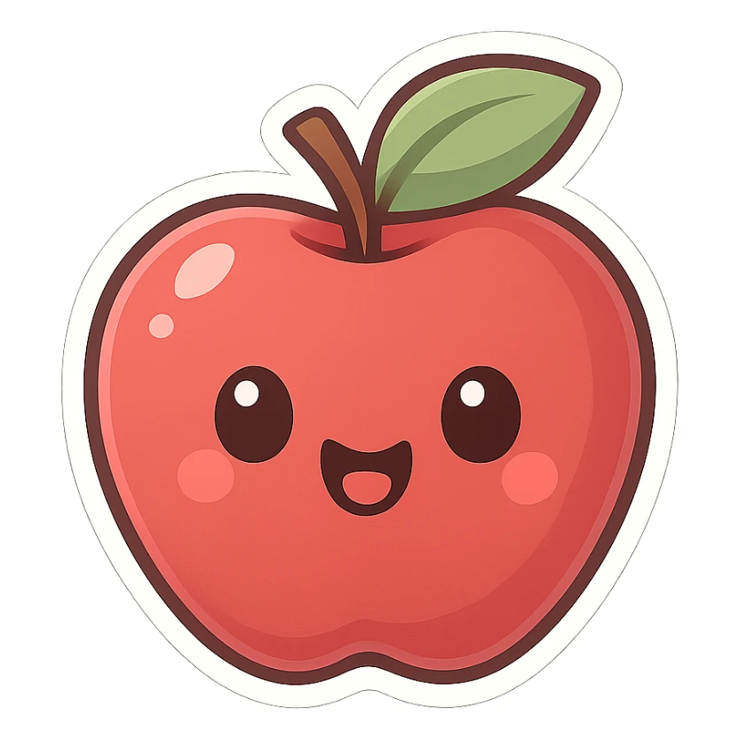chibi sticker-style apple with a smiling face, cute and exaggerated sticker
