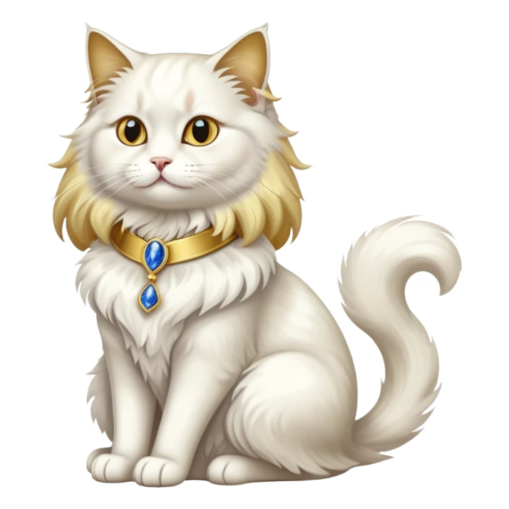 Fancy white fluffy long-haired sophisticated elegant sitting pet cat with a gold-sapphire collar (full body)  sticker