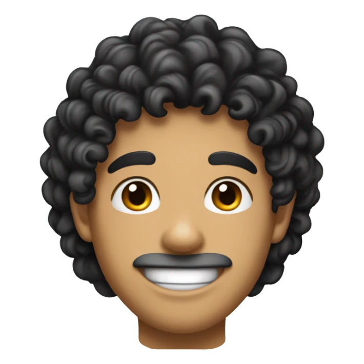 young hispanic guy with very curly long black  hair and no beard or mustache, and with sweet smile, just lips, no teeth sticker