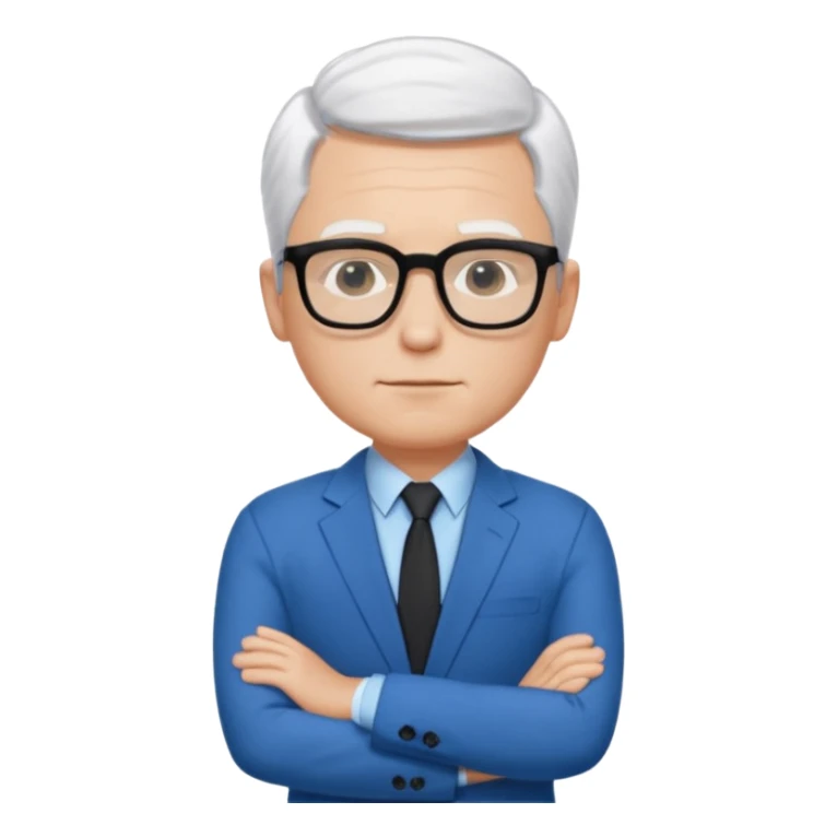 Man wearing thin black glasses, short white hair, blue suit, open blue shirt, no tie, arms folded,  sticker