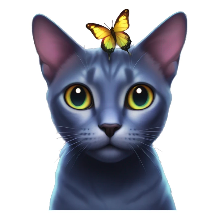 Dark iridescent butterfly glowing on top of cats head  sticker