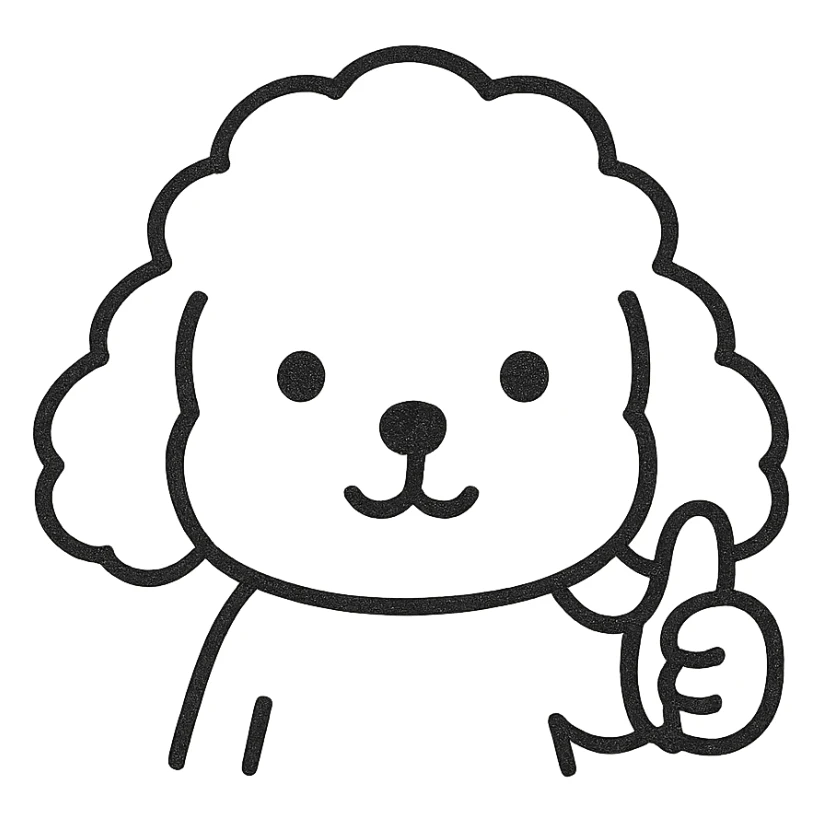 Transform the minimalist kawaii poodle dog head into a simple cartoon showing the same dog giving a thumbs up. Maintain thick, bold, clean black lines with no color or shading, on a white background. The face should be very minimal with a calm and sweet expression. The paw with the thumb up should be visible and clear, matching the hand-drawn, child-friendly look. sticker
