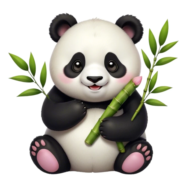 Cinematic smiling chubby panda, fluffy black and white fur, round rosy cheeks, tiny paws holding a bamboo shoot, sparkling eyes full of joy, soft glowing background, irresistibly huggable. sticker