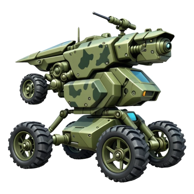 a 4-wheel camouflage army massive mech motorcycle shooting forward side-hill active suspension enemy mech off-road racing rover with large fast engine  sticker