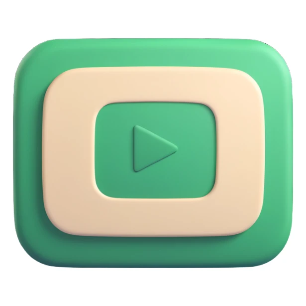 minimalist 3D YouTube logo rectangle with rounded corners, dark green fill, light beige play triangle, soft shadows, style like Instagram iOS logo, no background sticker