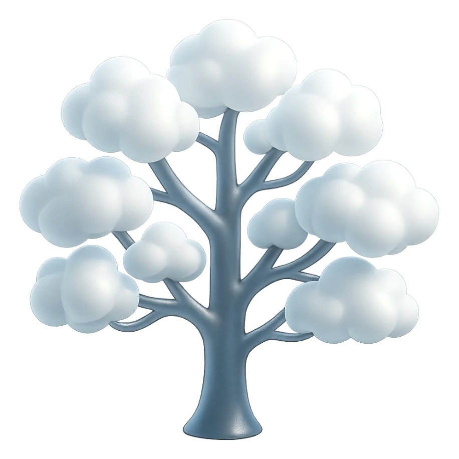 one tree with many branches, each branch covered with small, very bright white, saturated color, fluffy convex clouds, matte glass style, no background sticker