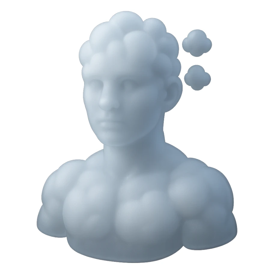 person looking straight, fully made of white fluffy convex clouds, shoulders, matte glass style sticker