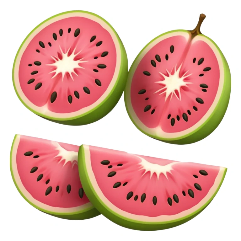 Sliced guava showing pink flesh and small seeds inside sticker