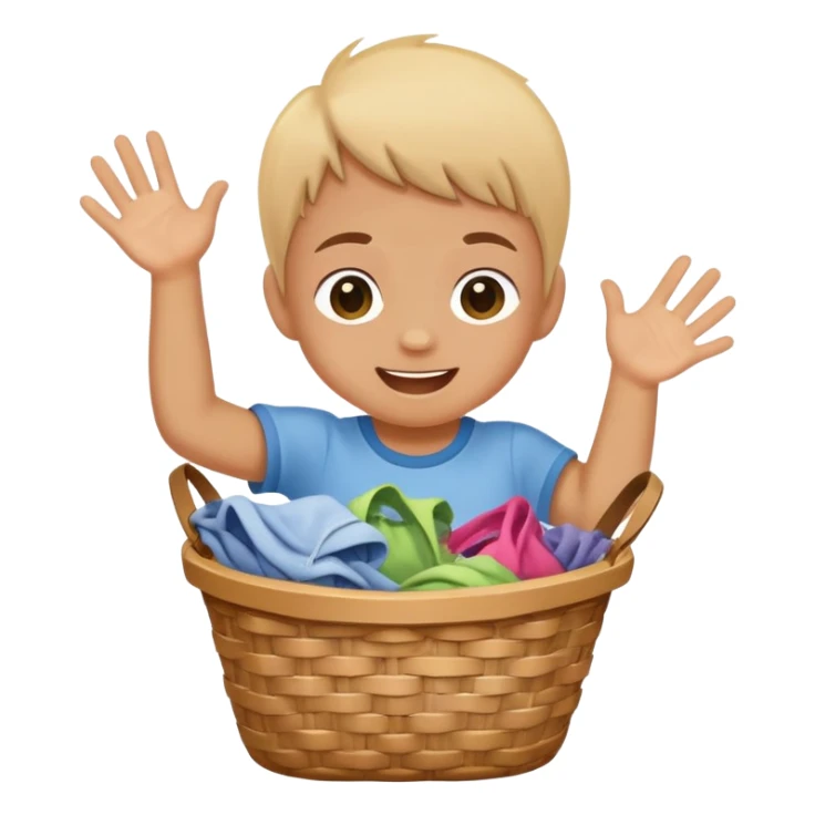 child dropping dirty clothes into a basket, cheerful and responsible sticker