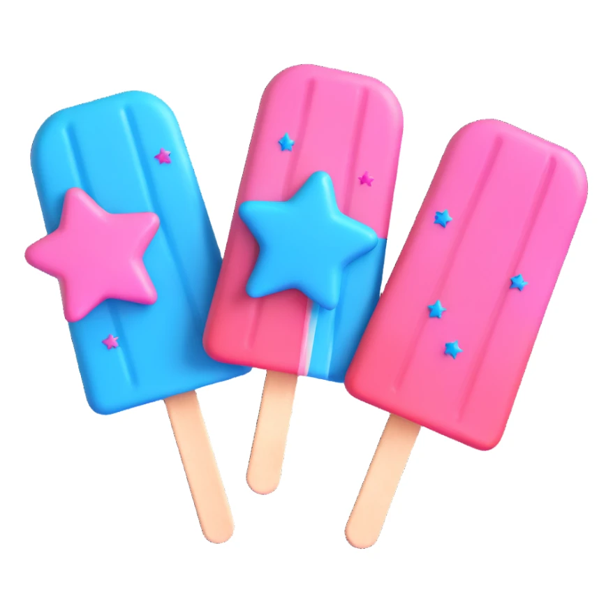 3D iOS style popsicle with blue and pink colors, star decorations, and a melting effect sticker