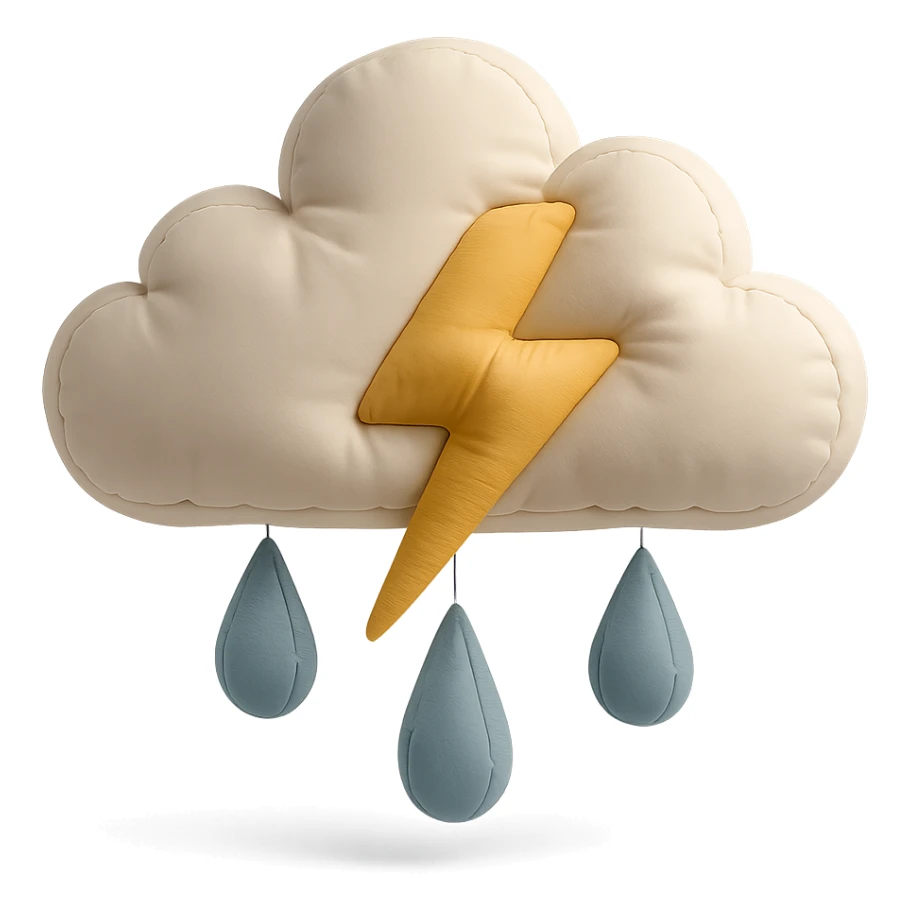 plush cushion thunderstorm cloud with lightning and rain, soft edges sticker