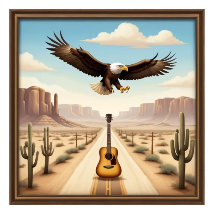 Icon for Country Music: Eagles band representation with classic acoustic guitars, a desert road, and an eagle soaring in the sky. Subtle vintage Americana aesthetics with warm tones, evoking the band's signature sound. Transparent background. sticker