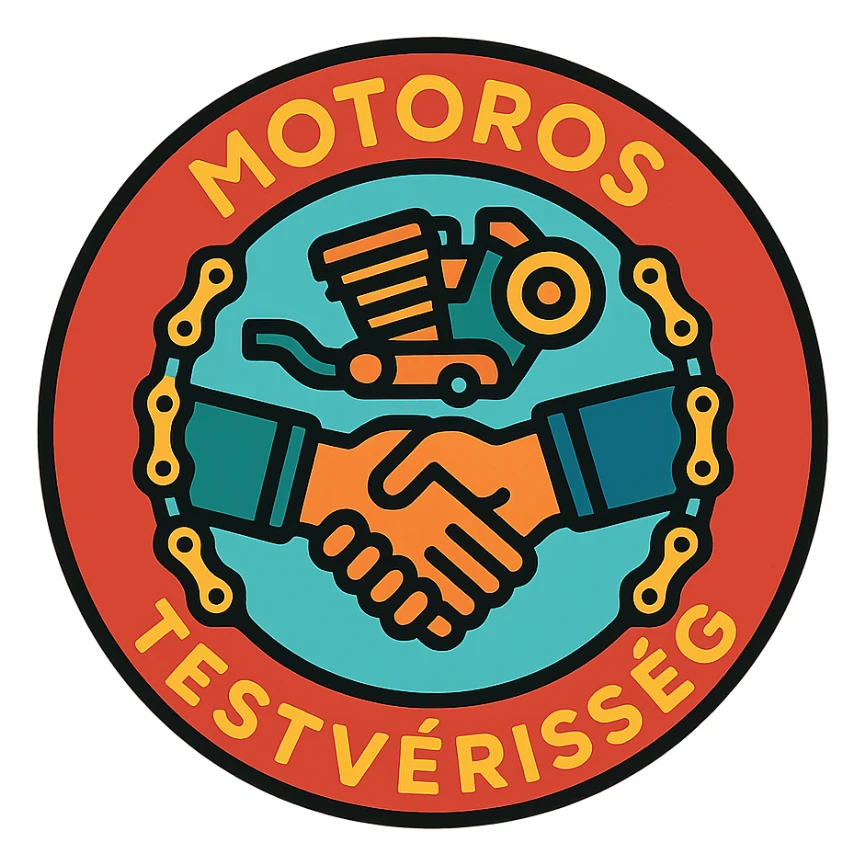 circular motorcycle cap design with the Hungarian phrase 'Motoros Testvériség', featuring motorcycle motifs like handshake, chain, motor, community style sticker