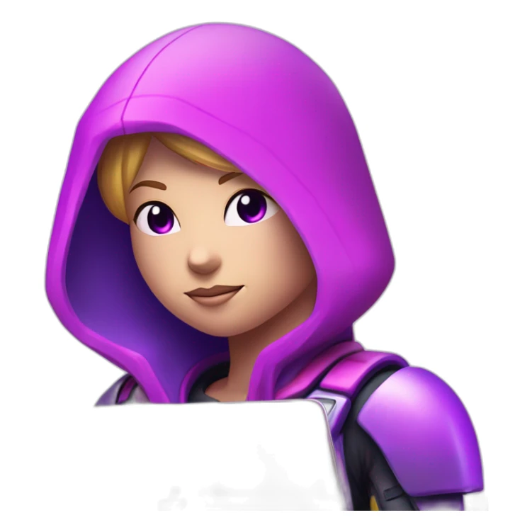 Girl developer behind his laptop with this style : Nintendo Samus Video game neon glowing bright purple character pink lack hooded hacker themed character sticker