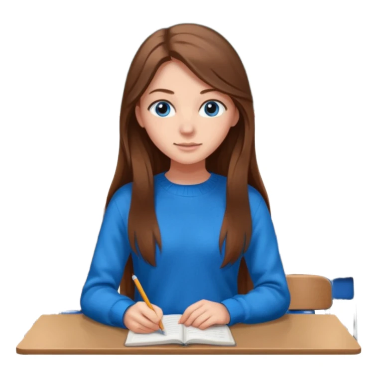 high school class room with a pretty female high school student with long brown hair, blue eyes sticker