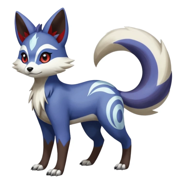 indigo, white, black Hyper-realistic Colorful Skilled Adept Graceful Asian Painted Meloetta-Furret-Lycanroc-Zangoose-fusion-hybrid-creature (full body) sticker