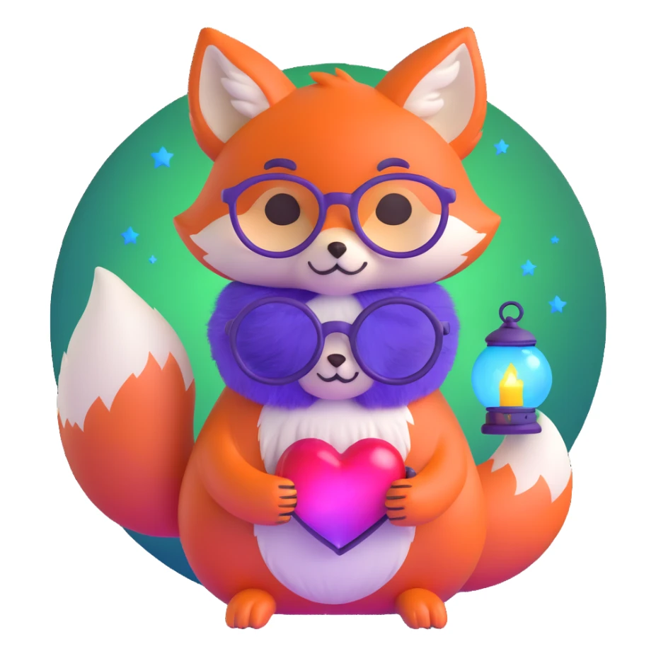 small magical fox with shimmering purple and blue fur, glowing fluffy tail, silver star on forehead, round glasses, tiny lantern, hugging a big red heart sticker