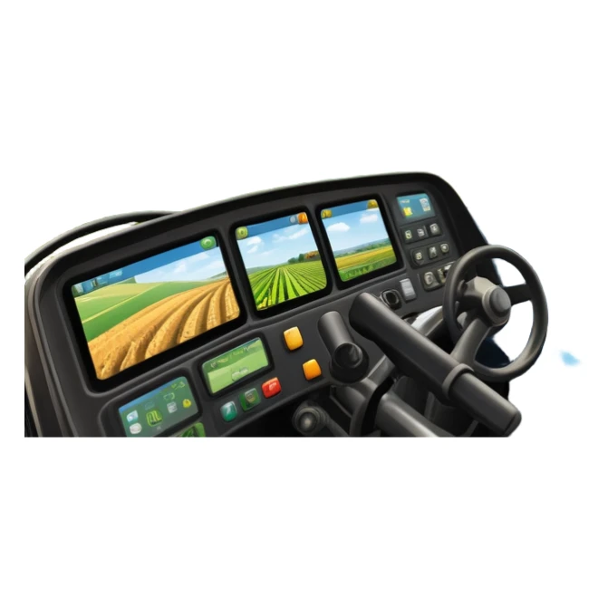 a view from the tractor cabin, with the dashboard in focus, overlooking a vibrant rural landscape. Inspired by Farming Simulator 22, the scene includes fields, crops, and distant barns under a bright sky. The design highlights the immersive experience of farm management. transparent background sticker