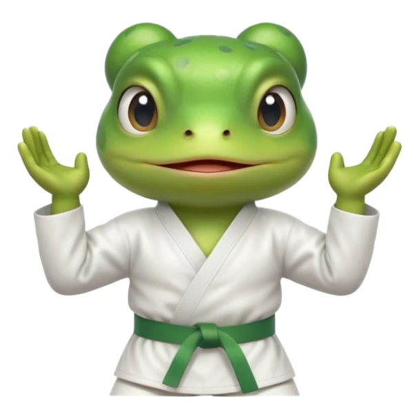 cute frog doing karate portrait, head and shoulders only, wearing white gi uniform, green belt visible, funny serious face, 3D cartoon, mobile game icon style, clean background, no text, no watermark
 sticker