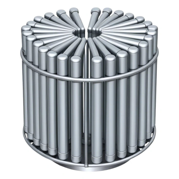 A bundle of thin uranium fuel rods used in a nuclear reactor, with a metallic silver or gray structure, cylindrical and slender rods, arranged in a hexagonal grid, realistic and industrial style, no green color, only metallic shades sticker